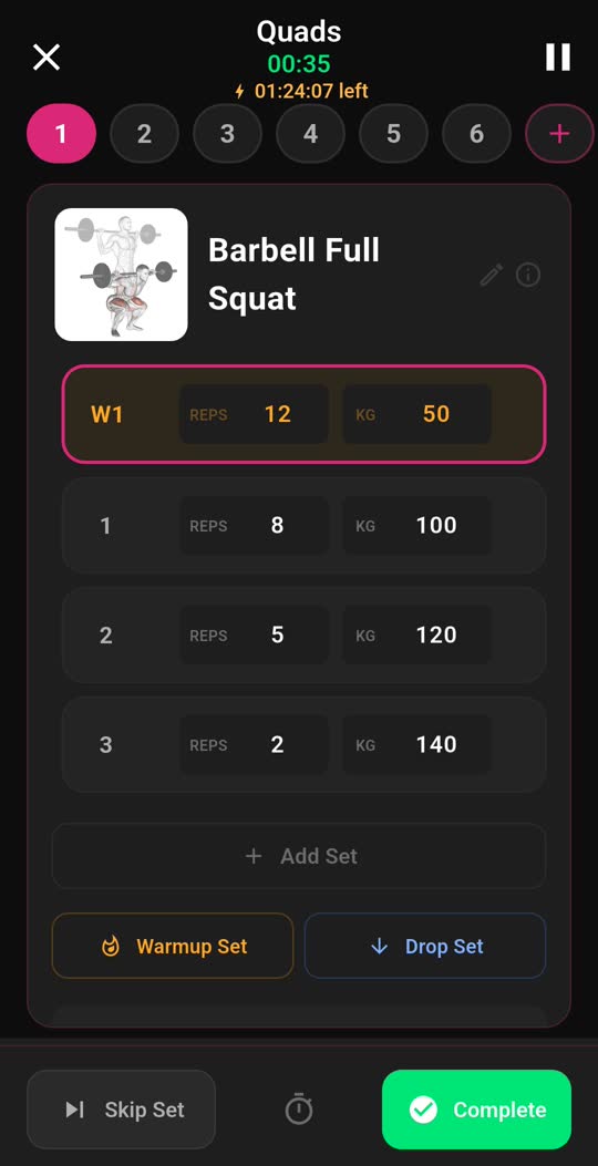 An active workout: barbell full squat with a warm-up set and three working sets logged, and a Rush Mode countdown at the top