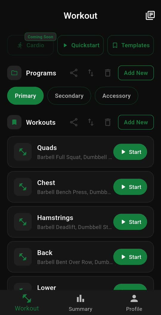 The Workout tab, showing programs and a list of saved workouts each with a Start button